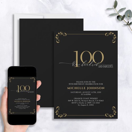 100 Fabulous Black  Gold Calligraphy Birthday Invitation