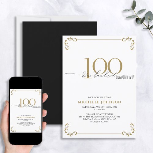 100  Fabulous Black White  Gold Birthday Invitation
