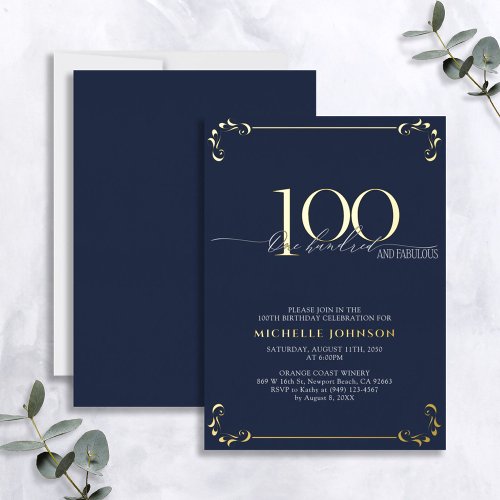 100  Fabulous Blue  Gold Calligraphy Birthday Foil Invitation