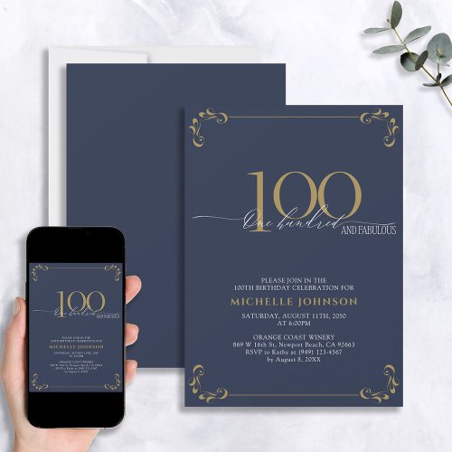 100  Fabulous Blue  Gold Calligraphy Birthday Invitation