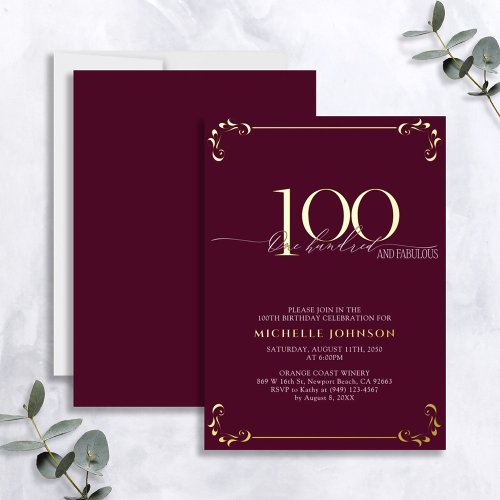 100  Fabulous Burgundy Gold Calligraphy Birthday Foil Invitation