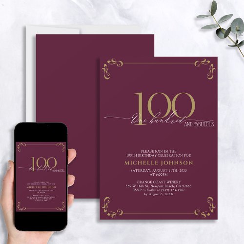 100  Fabulous Burgundy White  Gold Birthday Invitation