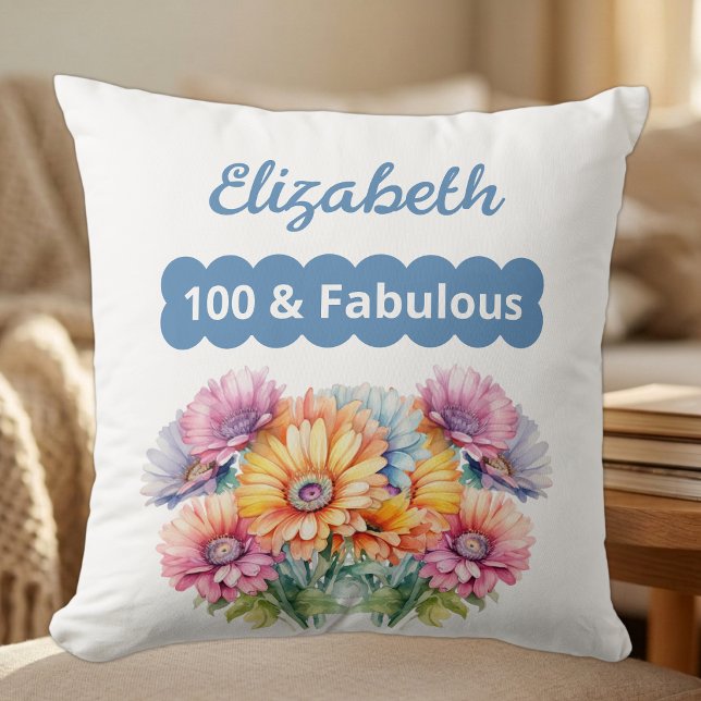 100 & fabulous name gerbera flowers pink throw pillow (Creator Uploaded)