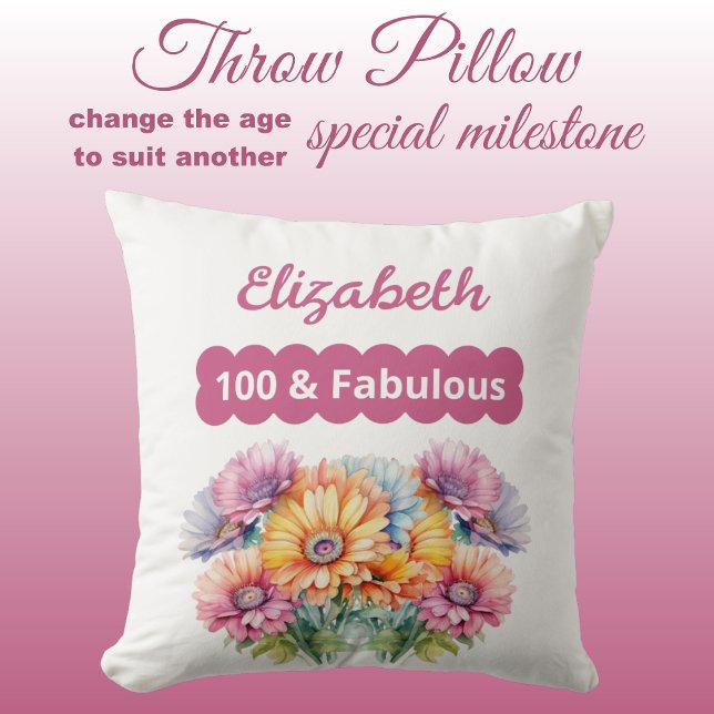 100 & fabulous name gerbera flowers pink throw pillow (Creator Uploaded)