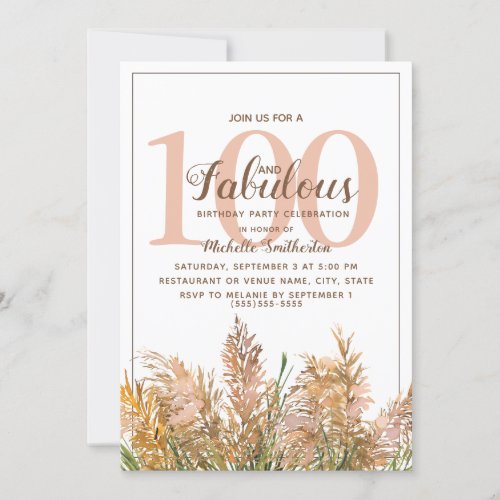 100 Fabulous Pampas Grass on White Birthday Invitation