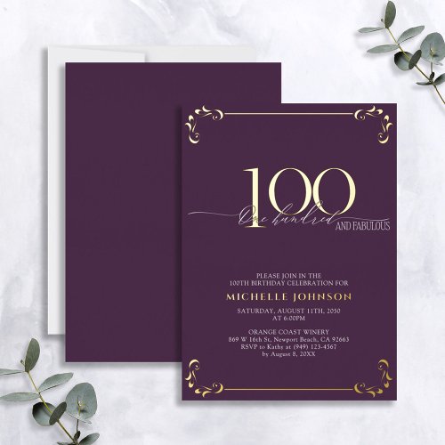 100  Fabulous Purple  Gold Calligraphy Birthday Foil Invitation