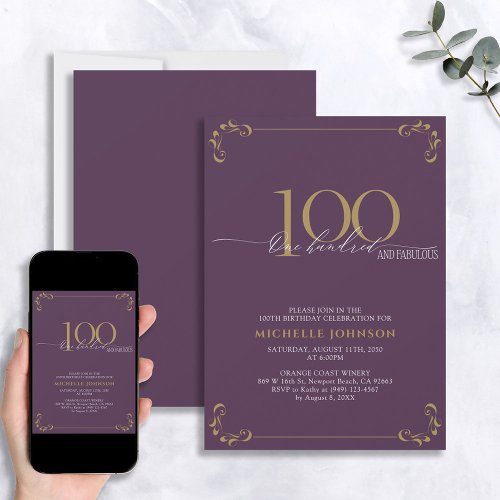 100  Fabulous Purple  Gold Calligraphy Birthday Invitation