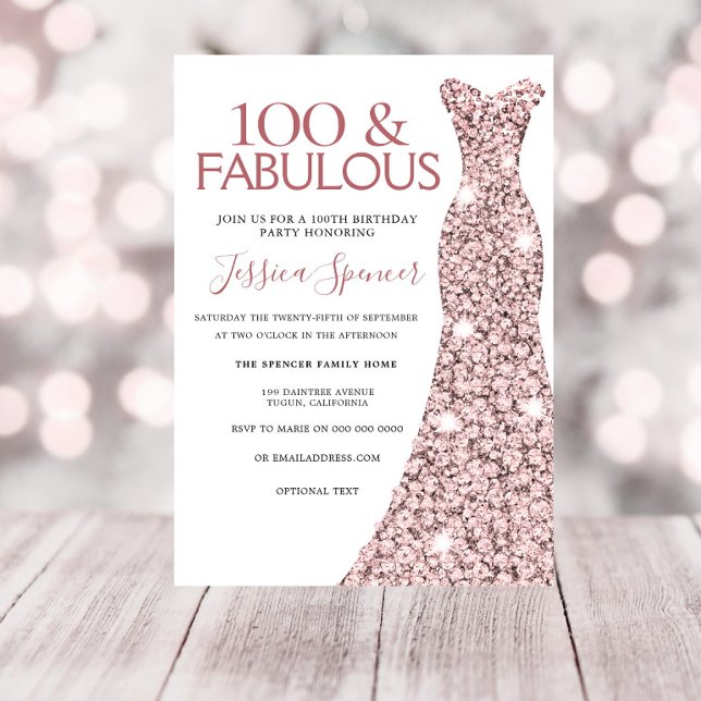 100 Fabulous Rose Gold Dress 100th Birthday Party Invitation (Creator Uploaded)