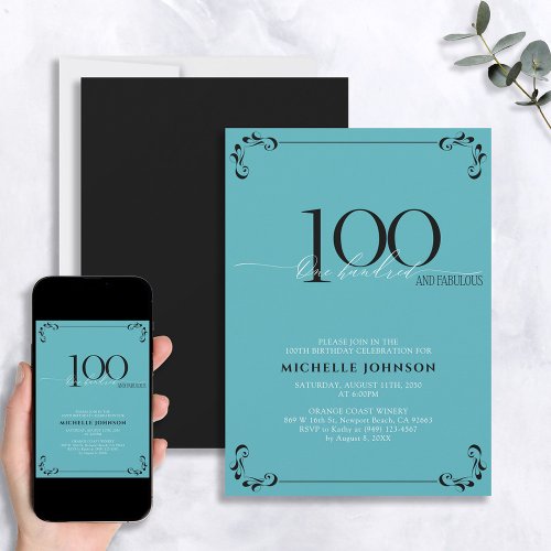100  Fabulous Turquoise Black  White Birthday Invitation