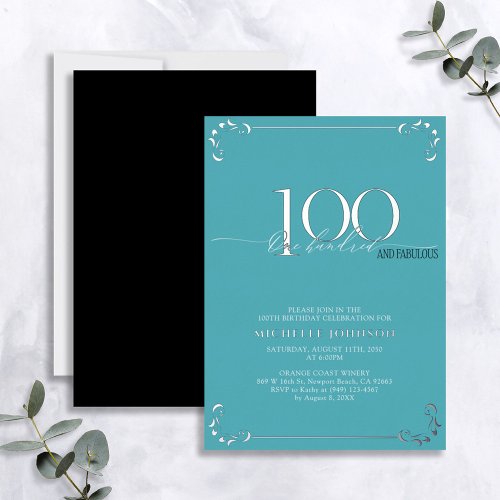 100  Fabulous Turquoise  Silver Birthday Foil Invitation