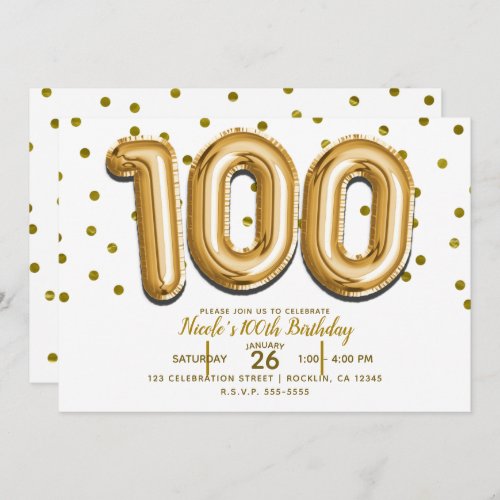 100 Gold Balloons  Confetti 100th Birthday Party Invitation