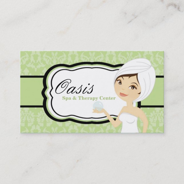 100 Green Damask Spa Therapy Massage Business Card (Front)