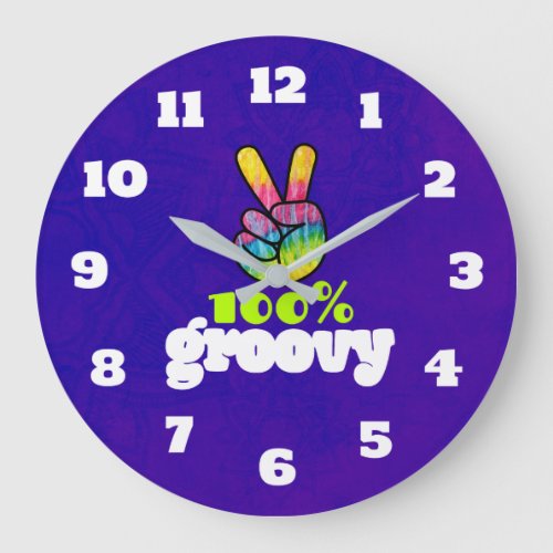100 Groovy Rainbow Hand Peace Sign Acid Purple Large Clock