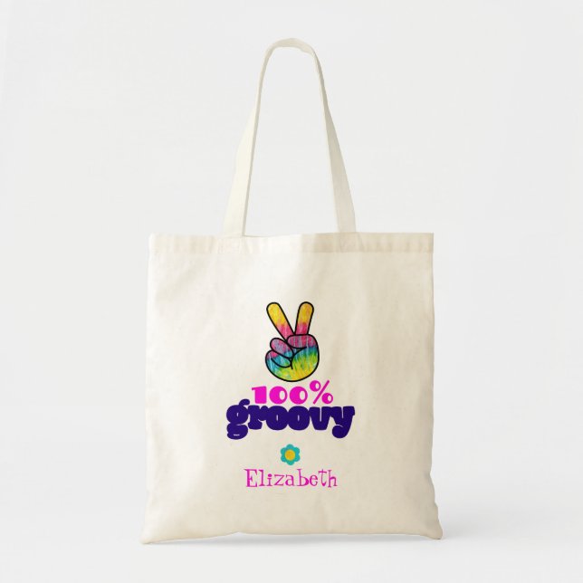 100% Groovy Rainbow Hand Peace Sign Personalized Tote Bag (Front)