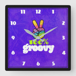 100% Groovy Rainbow Hand Peace Sign Square Wall Clock