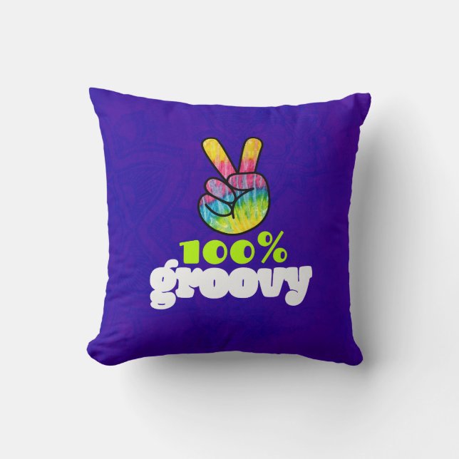 100% Groovy Rainbow Hand Peace Sign Throw Pillow (Front)