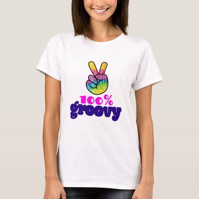 100% Groovy Rainbow with Hand Peace Sign T-Shirt (Front)