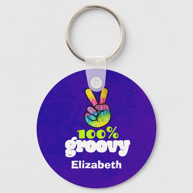 100% Groovy Rainbow with Hand Peace Sign Unique Keychain (Front)