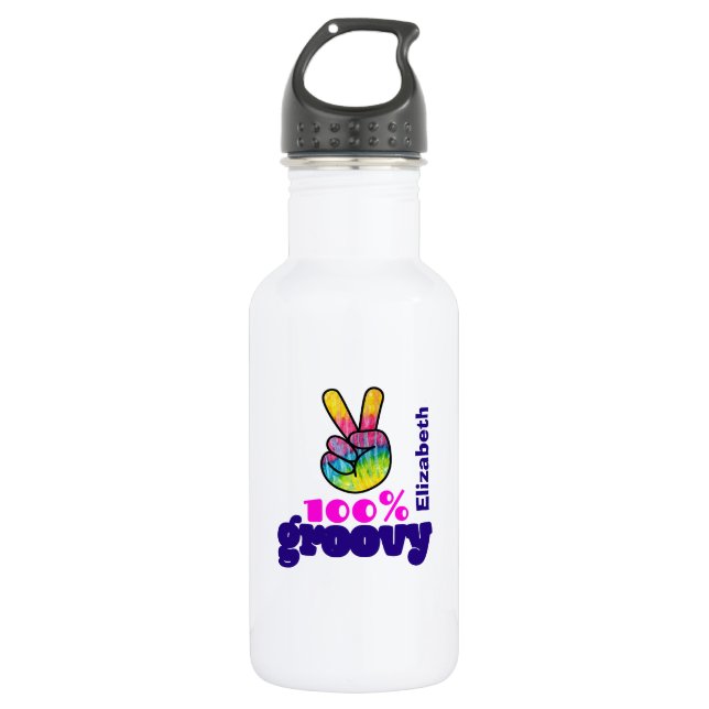 100% Groovy Rainbow with Hand Peace Sign Unique Stainless Steel Water Bottle (Front)