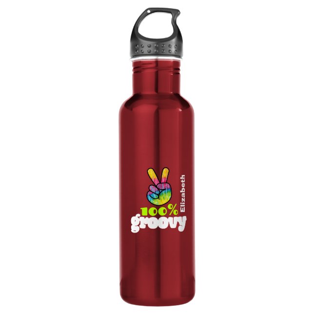 100% Groovy Rainbow with Hand Peace Sign Unique Water Bottle (Front)