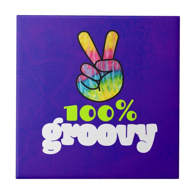 100% Groovy with Rainbow Hand Peace Sign Ceramic Tile (Front)