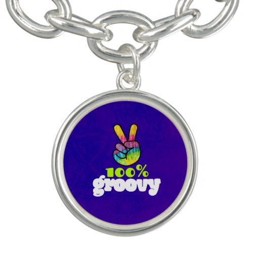 100 Groovy with Rainbow Hand Peace Sign Charm Bracelet