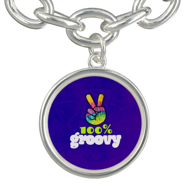 100% Groovy with Rainbow Hand Peace Sign Charm Bracelet (Design)