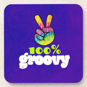 100% Groovy with Rainbow Hand Peace Sign Coaster