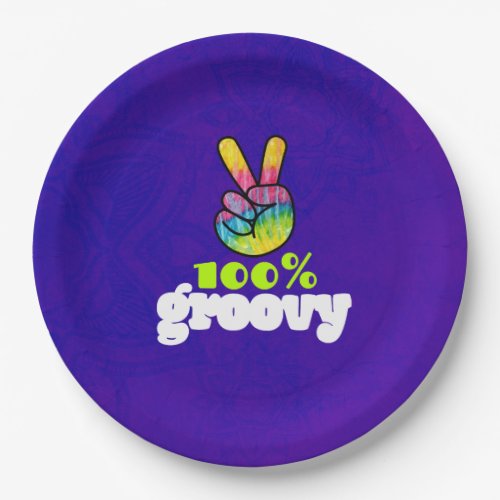 100 Groovy with Rainbow Hand Peace Sign Paper Plates