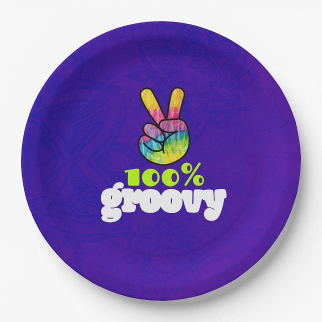 100% Groovy with Rainbow Hand Peace Sign Paper Plates (Front)