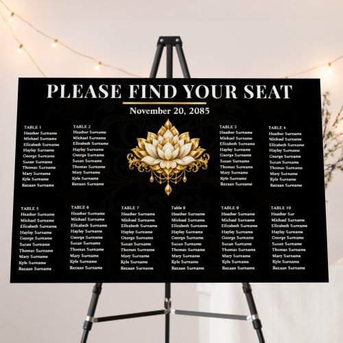 100 guests | Black Gold Lotus Seating Plan Elegant Foam Board