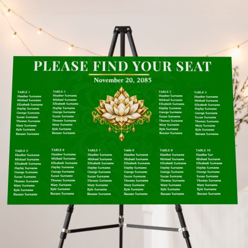 100 guests | Green Gold Lotus Seating Plan Elegant Foam Board