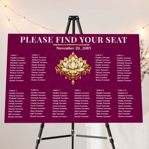 100 guests | Magenta Gold Lotus Seating Plan Chic Foam Board