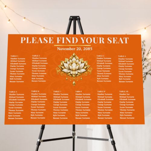 100 guests |  Orange Gold Lotus Seating Plan Chic Foam Board
