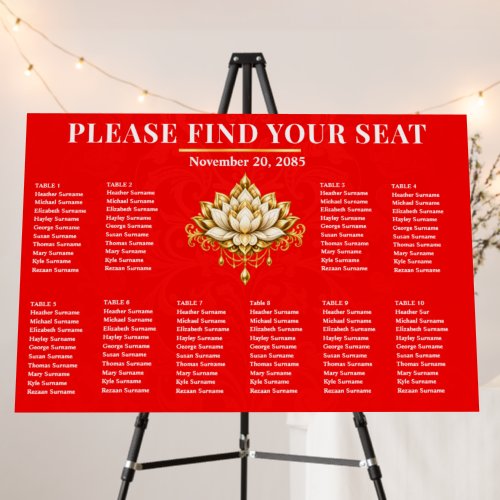 100 guests | Red Gold Lotus Seating Plan Elegant Foam Board