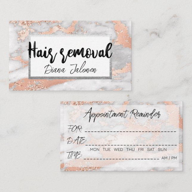100 Hair removal Appointment Reminder Pink Marble Business Card (Front/Back)