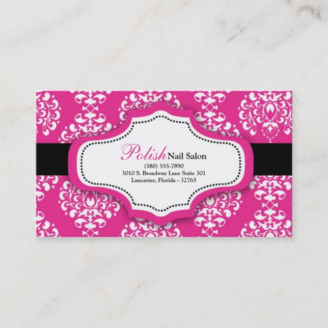 100 Hot Pink Damask Nail Technician Business Card (Front)