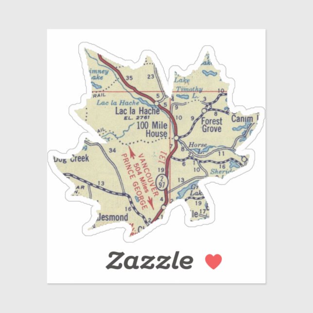 100 Mile House BC 50's Map Sticker (Sheet)