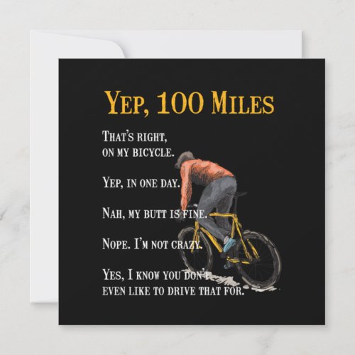 100 Miles Bike Biking Cycling Cyclist Bicycle Gift Invitation