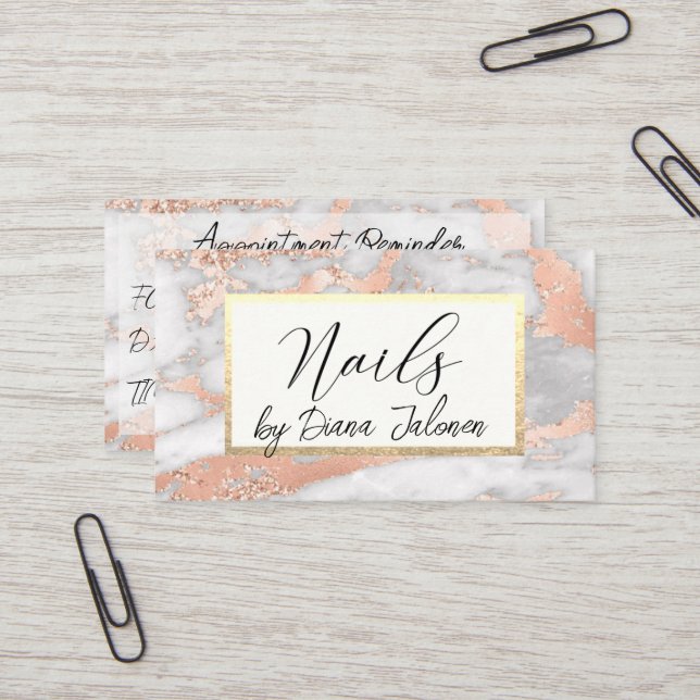 100 Nails Appointment Reminder Rose Marble Business Card (Front/Back In Situ)