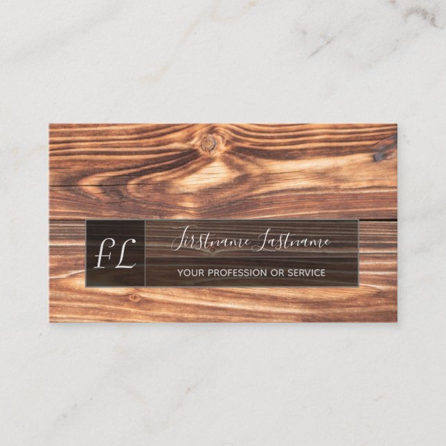 100% organic wood surface gray rectangle monogram business card (Front)