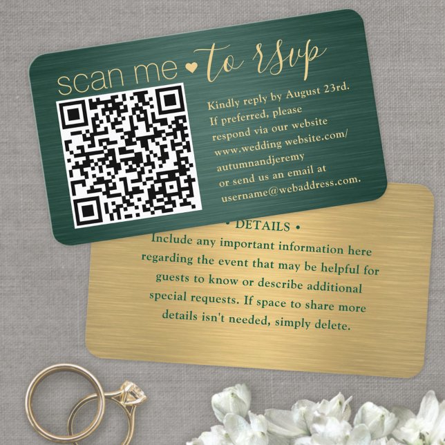 100 Pack Scan Me QR RSVP Green and Gold Wedding Business Card (Creator Uploaded)