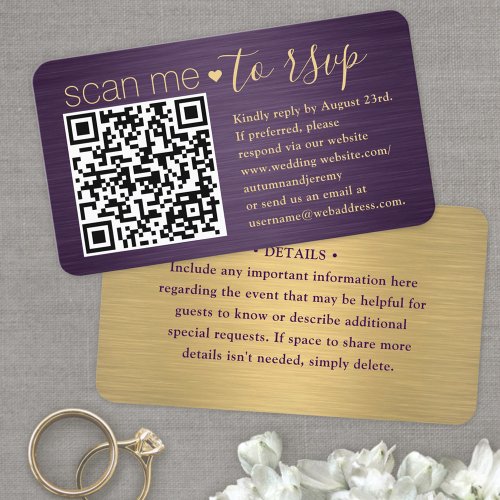 100 Pack Scan Me QR RSVP Purple and Gold Wedding Business Card
