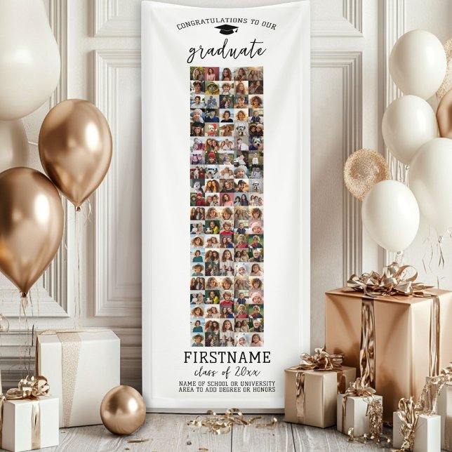 100 Photo Collage Graduation Modern Minimal White Banner (Custom Graduation Banner - Great for a backdrop or Grad Party Decoration)