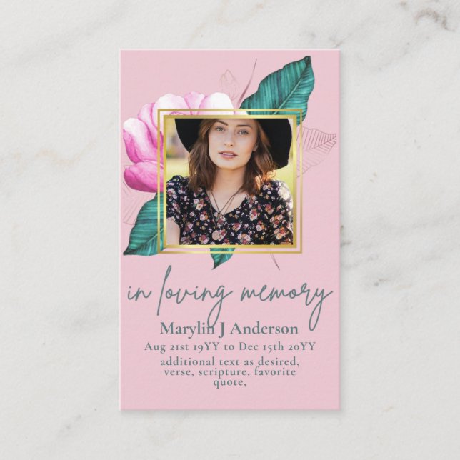 100 Pretty Floral Prayer Funeral Memorial PHOTO Business Card (Front)
