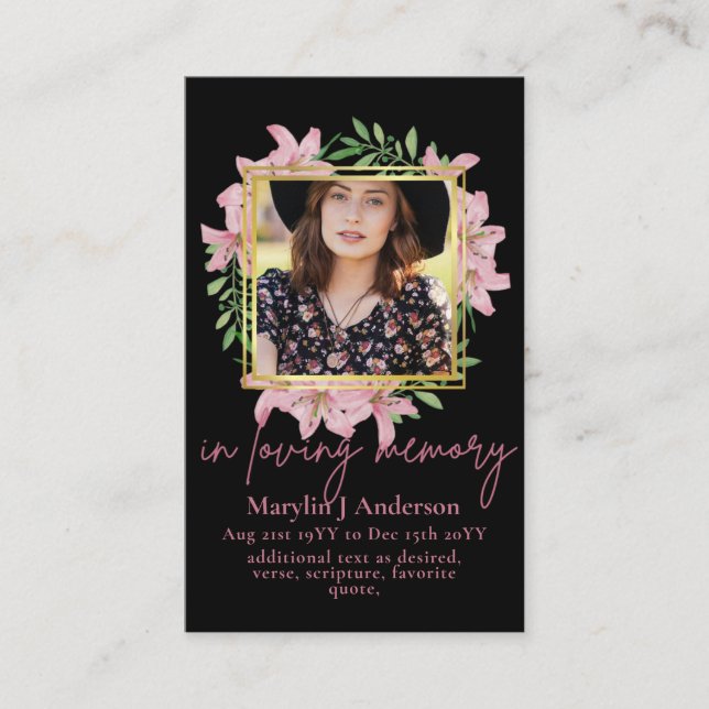 100 Pretty Floral Prayer Funeral Memorial PHOTO Business Card (Front)