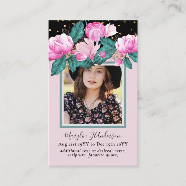 100 Pretty Floral Prayer Funeral Memorial PHOTO Business Card (Front)