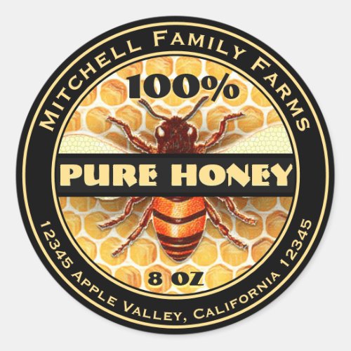 100 Pure Honey Bee Lable Classic Round Sticker