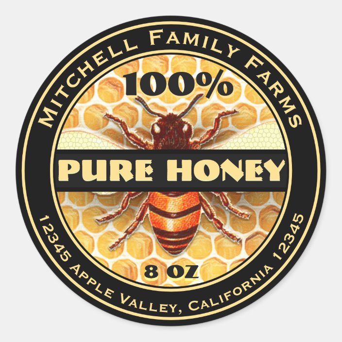 100% Pure Honey Bee Lable Classic Round Sticker | Zazzle.com