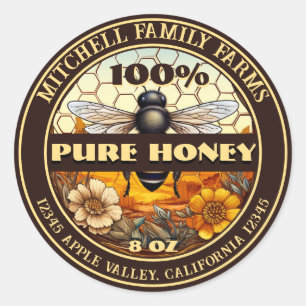 100% Pure Honey Bee Lable Classic Round Sticker